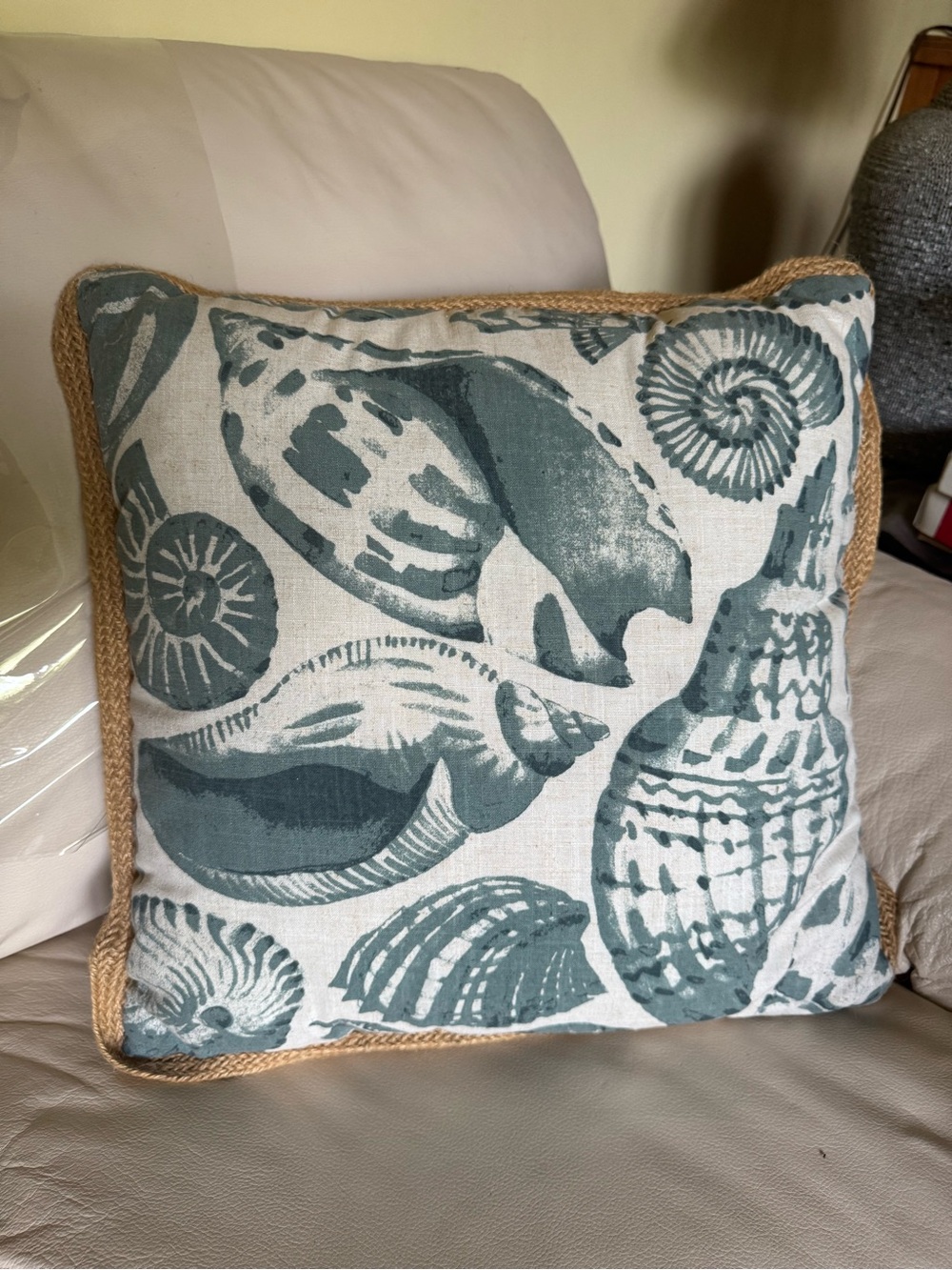 Coastal Beachy Decor Shell Print Throw Pillow in Blue and Cream